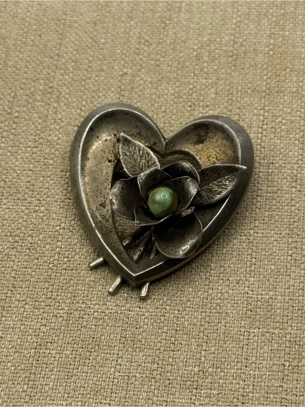 Vintage Coro Silver Heart Floral Brooch with Green Stone